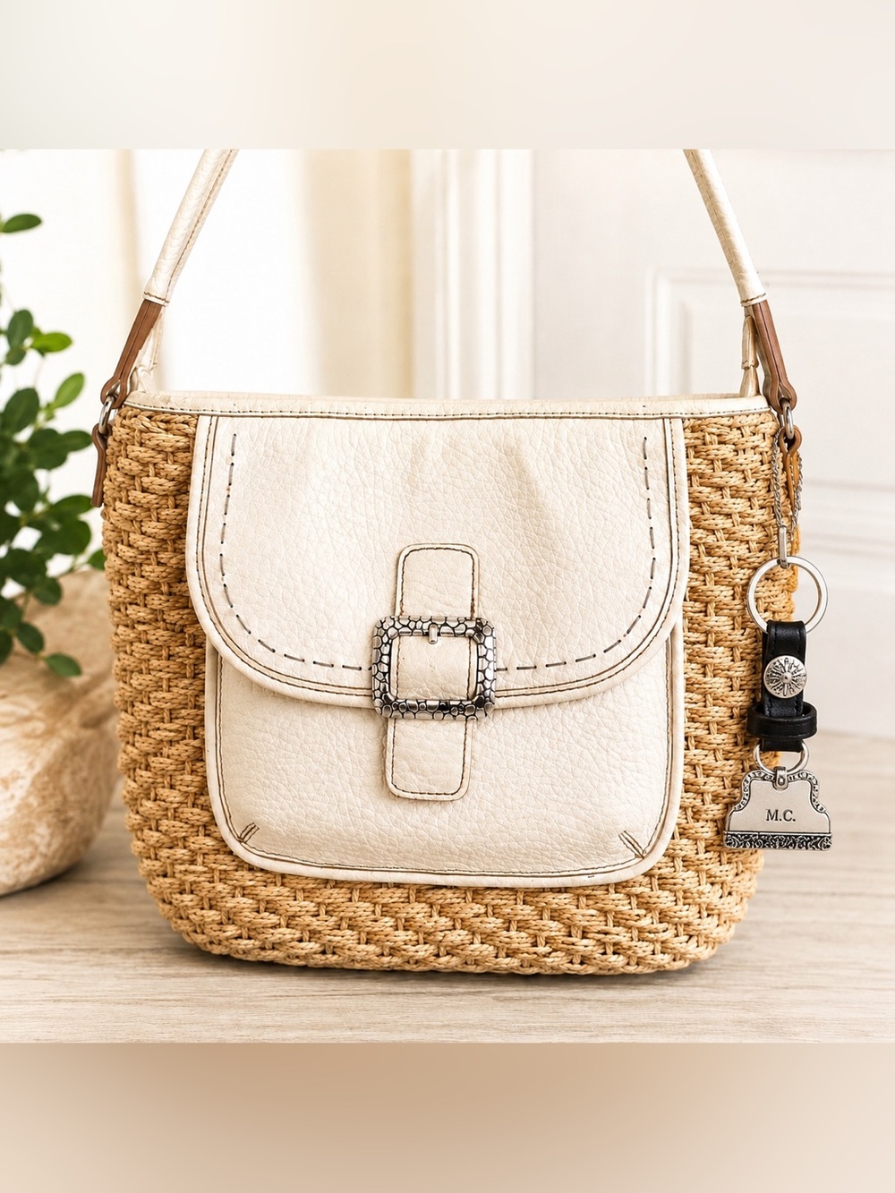 Brighton Straw Woven Shoulder Bag White Leather Buckle Charm Summer Tote